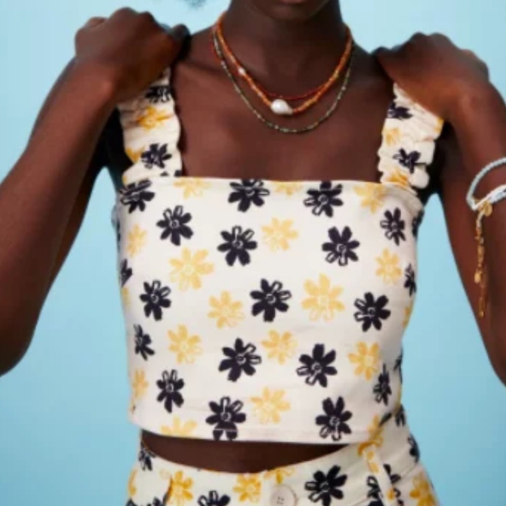 ZARA FLORAL YELLOW & CREAM CROPPED TANK TOP XS